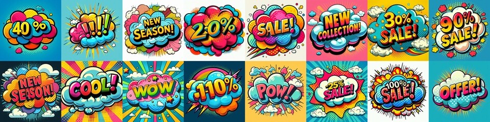 Fototapeta premium Sale stickers pop art style. AI generated illustration
