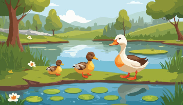 Vector cartoon duck with happy frog illustration