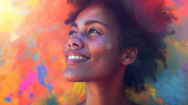 Generative AI image of joyful black woman with colorful background