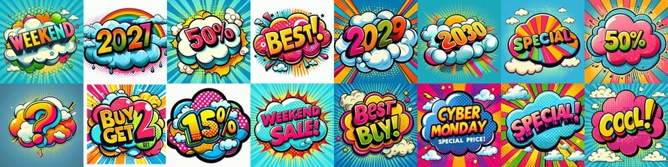Fototapeta premium Sale stickers pop art style. AI generated illustration