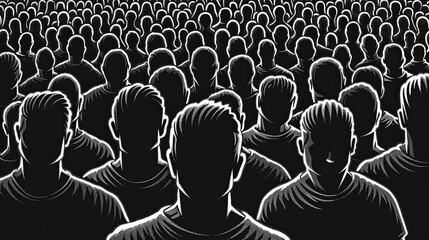 The black and white drawing depicts a crowd of people and we see many faceless figures. The concept of public events, gatherings of civilians. All people are gray and stand densely in the space.