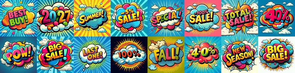 Fototapeta premium Sale stickers pop art style. AI generated illustration