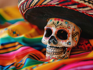 sugar skull wearing sombrero, set against colorful Mexican Fabric backdrop, symbolizing Dia de los Muertos