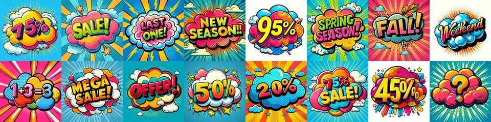 Fototapeta premium Sale stickers pop art style. AI generated illustration