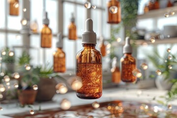 Obraz na płótnie Canvas Amber Glass Dropper Bottle Mockup - Multiple Floating Bottles. Blank Label