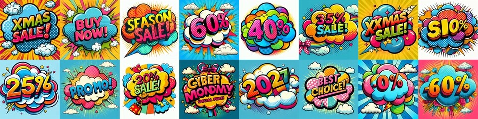Fototapeta premium Sale stickers pop art style. AI generated illustration