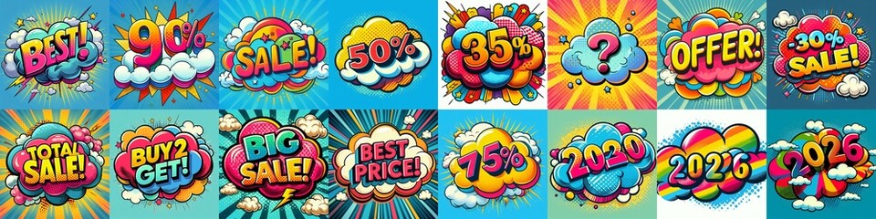 Fototapeta premium Sale stickers pop art style. AI generated illustration