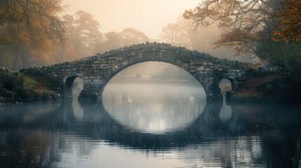An atmospheric image of an old, stone bridge over a calm river, captured in the ethereal light of early morning