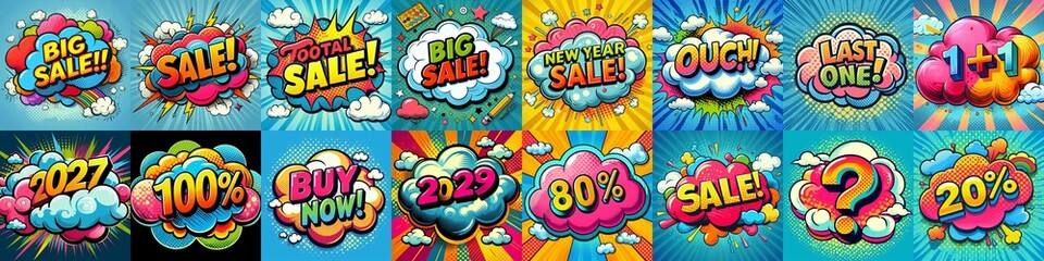 Fototapeta premium Sale stickers pop art style. AI generated illustration