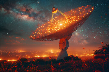 Radar radio telescope with antennas, satellite dish for space observatory, sending signals to the night sky, searching for aliens
