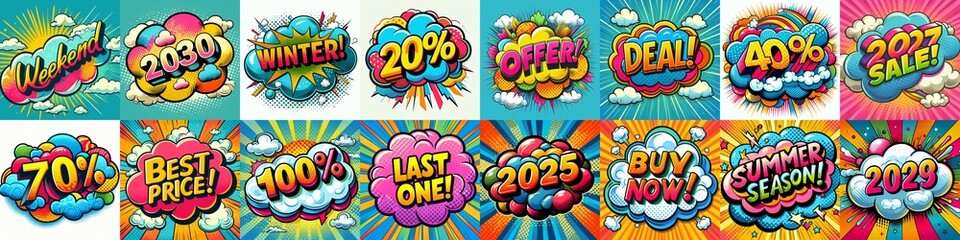 Fototapeta premium Sale stickers pop art style. AI generated illustration