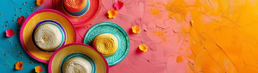 Colorful sombreros and scattered flowers on a vibrant blue and coral textured background, festive Cinco de Mayo theme