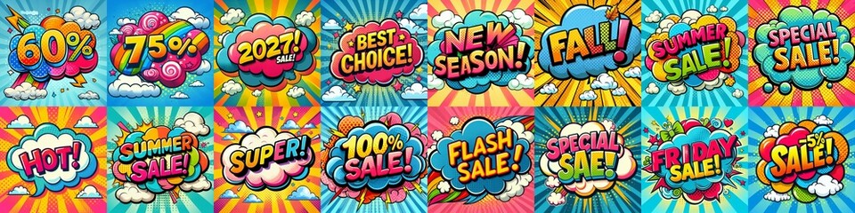 Fototapeta premium Sale stickers pop art style. AI generated illustration
