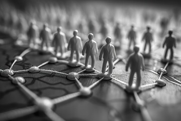 Chain of people figurines connected by white lines - obrazy, fototapety, plakaty