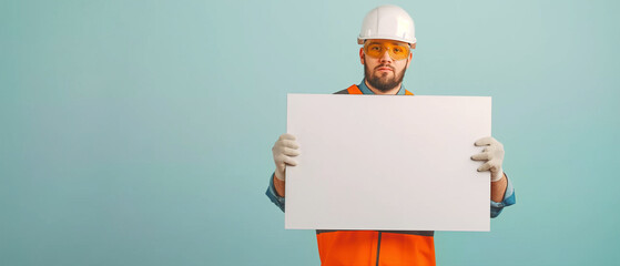 Engenheiro segurando um cartaz em branco isolado no fundo azul claro - obrazy, fototapety, plakaty