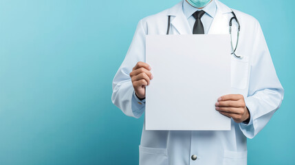 Medico segurando um cartaz em branco isolado no fundo azul claro - obrazy, fototapety, plakaty