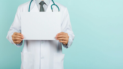 Medico segurando um cartaz em branco isolado no fundo azul claro - obrazy, fototapety, plakaty