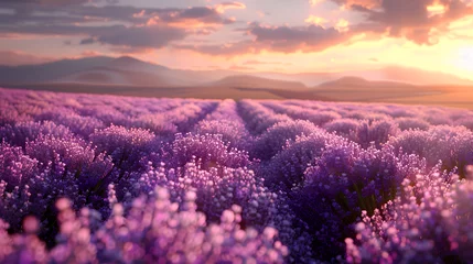 Wandaufkleber High angle view of a blooming lavender field, calming, natural palette, desktop wallpaper, artisan, landscape, photorealistic © VirtualCreatures