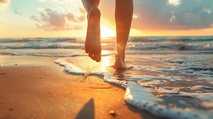 Young Woman's Legs and Feet as She Runs Barefoot on the Beach, Enjoying Her Summer Holidays