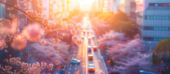 top view pink cherry blossom in the street city spring background