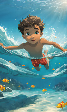 a cartoon photo that young boy swimming in the ocean