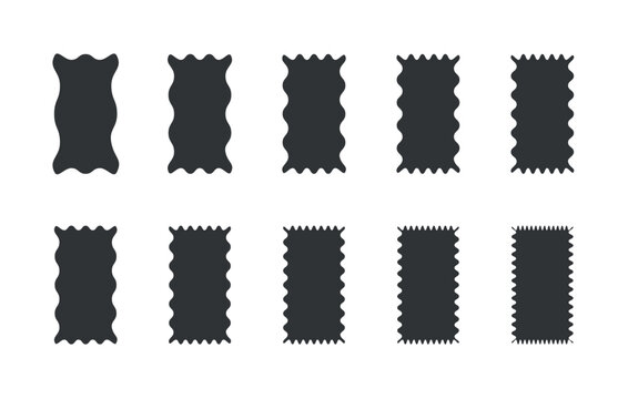 Rectangle shape frame with zigzag edge. Rectangular jagged curved box element. Geometric zig zag wavy stickers. Wiggly square badge, vector illustration for poster, banner, social media template
