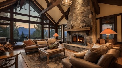 Mountain cabin with vaulted wood ceilings stone fireplace and rustic decor.