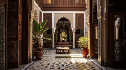 Moroccan riad with mosaic tile work and intricate wood carvings.