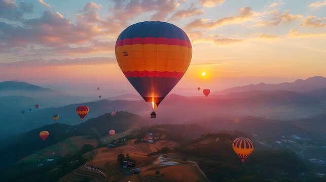 Colorful hot air balloons flying over mountain at Dot Inthanon in Chiang Mai, Thailand ai generated 
