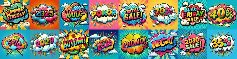 Fototapeta premium Sale stickers pop art style. AI generated illustration