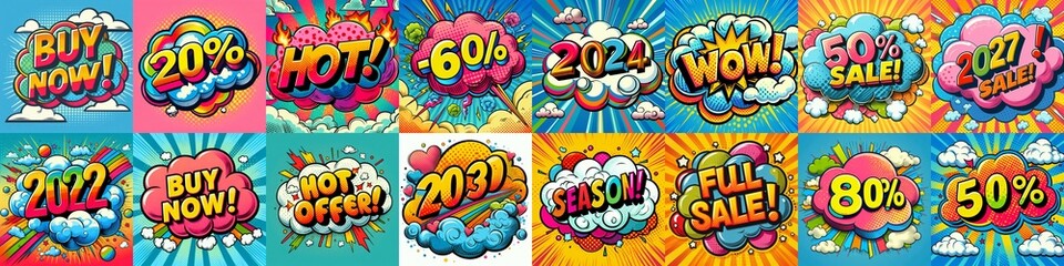 Sale stickers pop art style. AI generated illustration