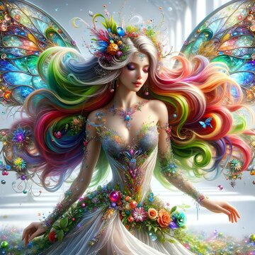 An enchanting portrayal of a fairy with vividly colored hair and wings, adorned with an array of fantastical flowers and butterflies.