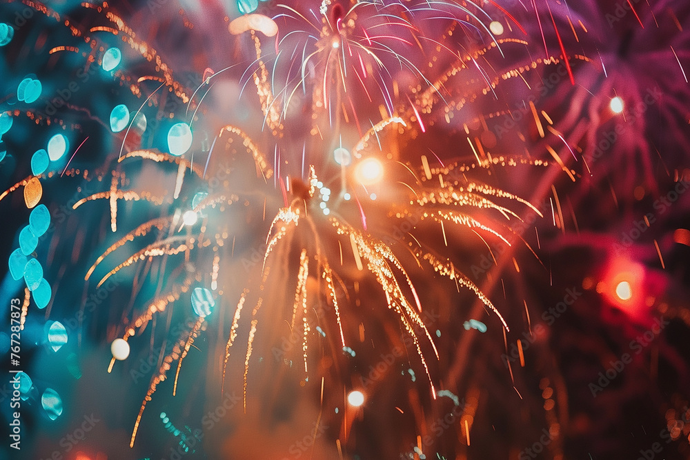 Poster a fireworks display with bright colors and a lot of sparks. the fireworks are in the air and are cre