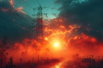 high voltage post.High-voltage tower sky background. - obrazy, fototapety, plakaty