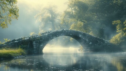 An atmospheric image of an old, stone bridge over a calm river, captured in the ethereal light of early morning - obrazy, fototapety, plakaty