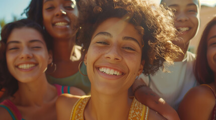 Group of positive handsome very different people, students, managers. Concept of diversity. Different hair style. Afro-american, Asian and Caucasian people. - obrazy, fototapety, plakaty