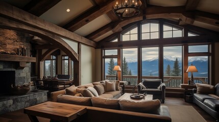 Fototapeta na wymiar Mountain craftsman great room with soaring wood beams antique ski decor and cozy window seat reading nook.