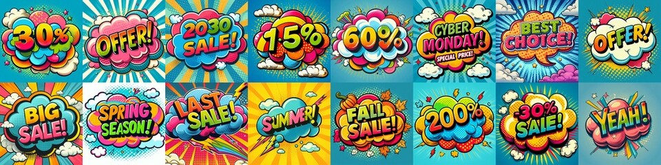 Sale stickers pop art style. AI generated illustration