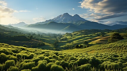 Beautiful sunset over the tea plantations in the mountains. Landscape