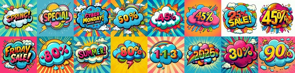 Fototapeta premium Sale stickers pop art style. AI generated illustration