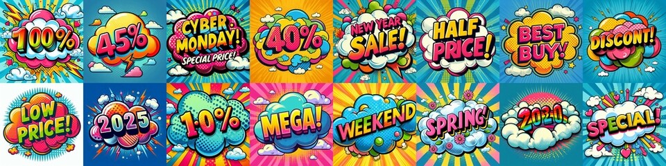 Fototapeta premium Sale stickers pop art style. AI generated illustration