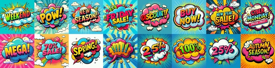 Fototapeta premium Sale stickers pop art style. AI generated illustration
