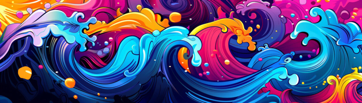 Abstract colorful background with waves and bubbles, cartoon, graffiti illustration