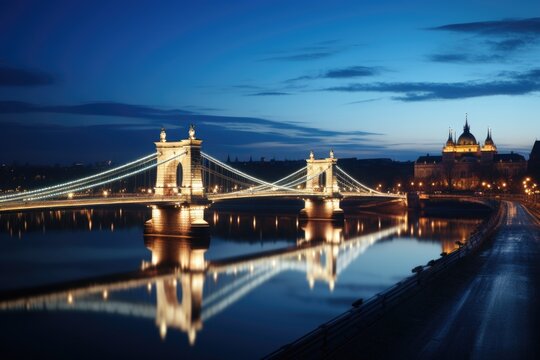 Beautiful glowing city or bridge evening time with ocean Generative AI