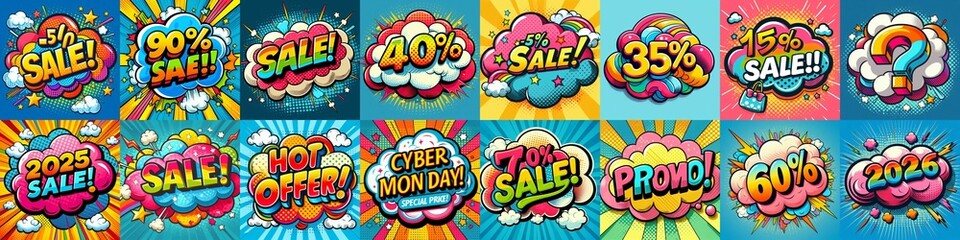 Sale stickers pop art style. AI generated illustration