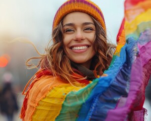 Joyful woman embraces diversity, her smile as bright as the rainbow flag she holds, a symbol of equality - obrazy, fototapety, plakaty