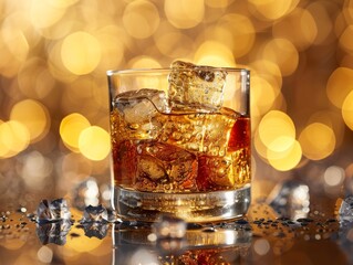 Sophisticated sipping, glass of whiskey with ice, set against a golden backdrop, a blend of tradition and luxury