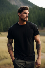 Fototapeta premium Male model posing outdoors with plain blank black canvas t-shirt mockup