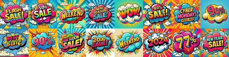 Sale stickers pop art style. AI generated illustration
