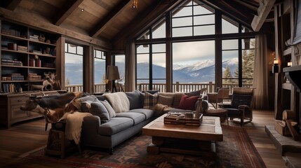 Mountain craftsman great room with soaring wood beams antique ski decor and cozy window seat reading nook. - obrazy, fototapety, plakaty